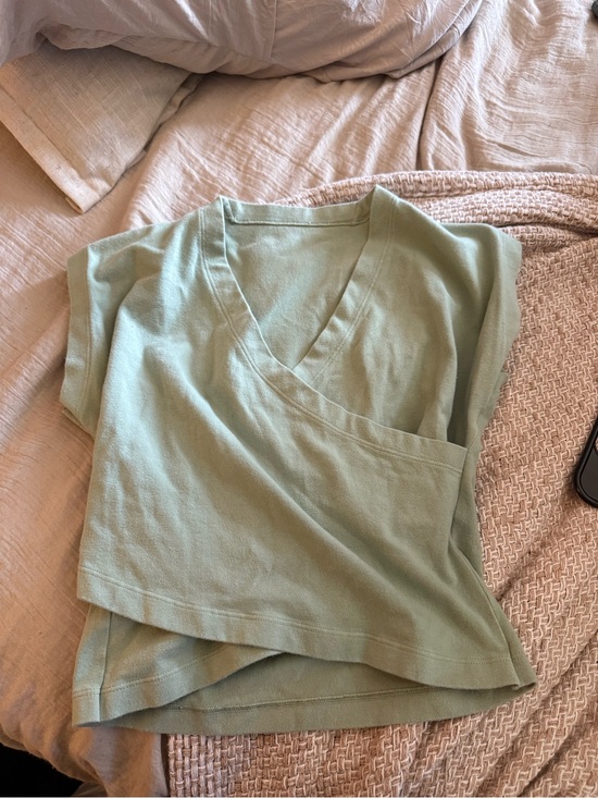 Tops - V-Neck Short Sleeve wrap Knit Top in Sage Green